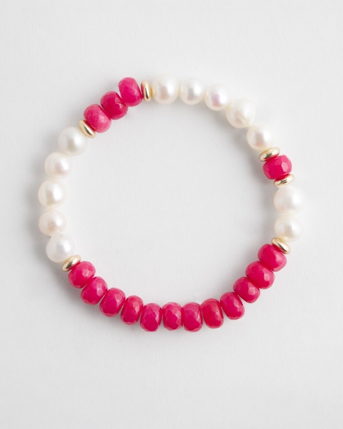 Women's Jade & Fresh Water Pearl Stretch Bracelet - PINK BROMELIAD - Click Image to Close