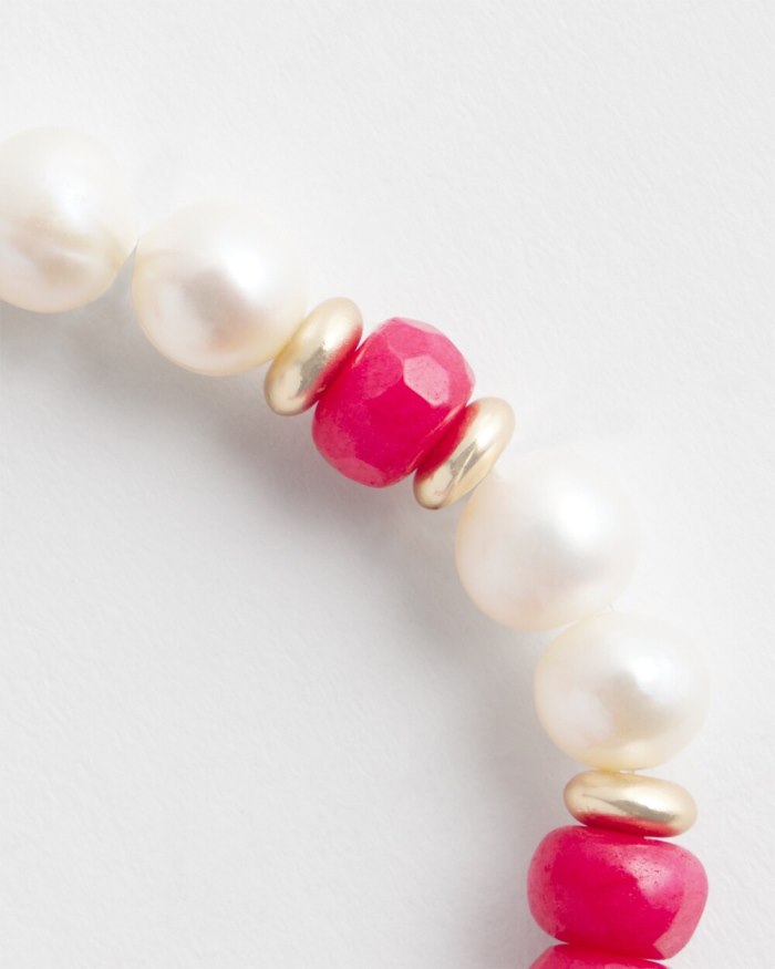 Women's Jade & Fresh Water Pearl Stretch Bracelet - PINK BROMELIAD