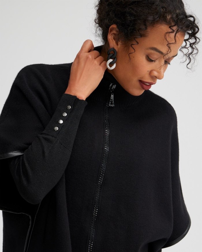 Women's Embellished Zipper Sweater Ruana - Black