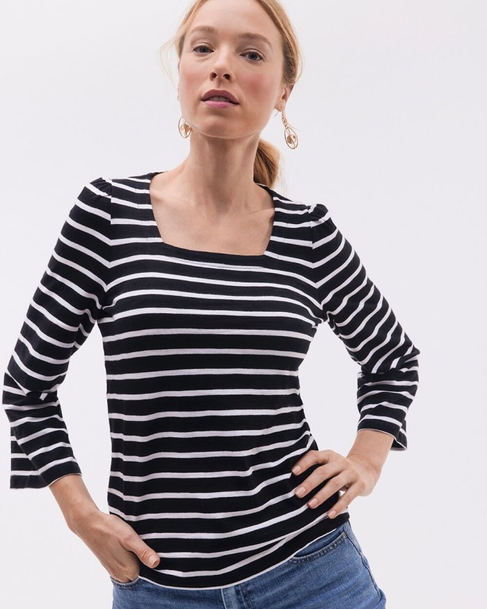 Women's Stripe Square Neck Bell Sleeve Top - Black