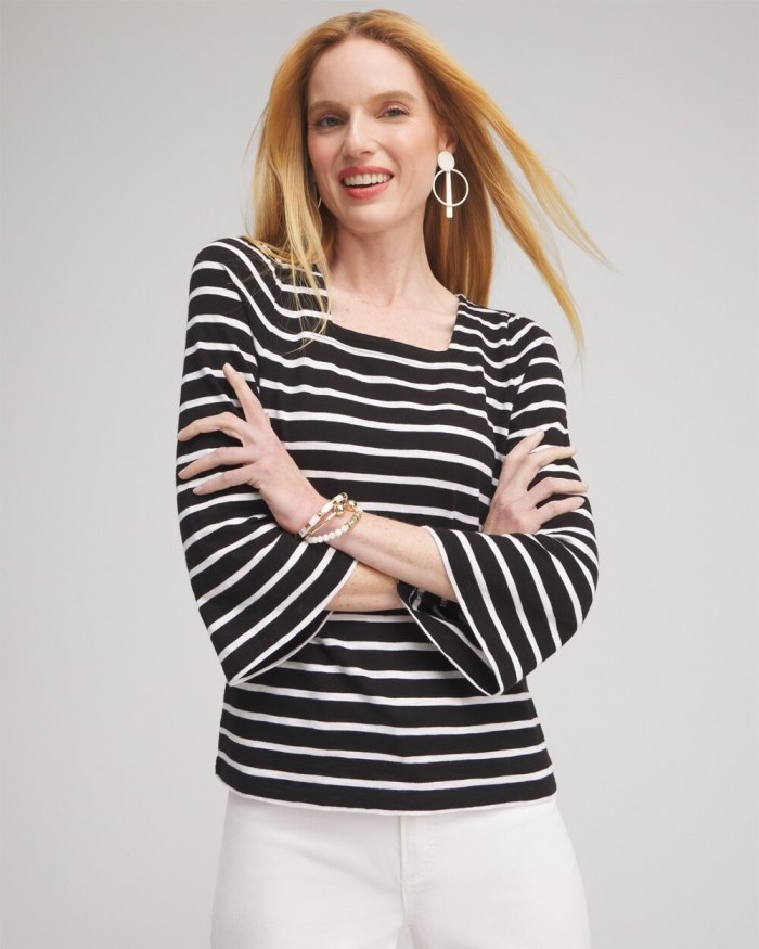 Women's Stripe Square Neck Bell Sleeve Top - Black