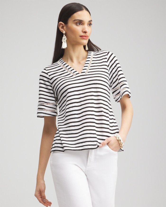 Women's Linen Stripe Ladder Lace Tee - Alabaster - Click Image to Close