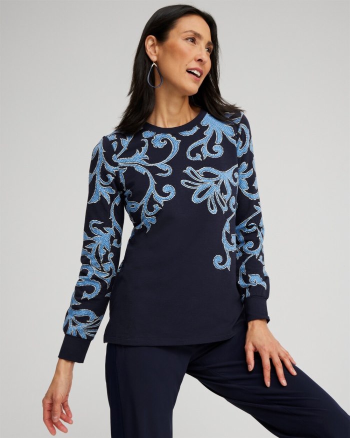 Women's Zenergy Scroll Print Pullover - Classic Navy - Click Image to Close