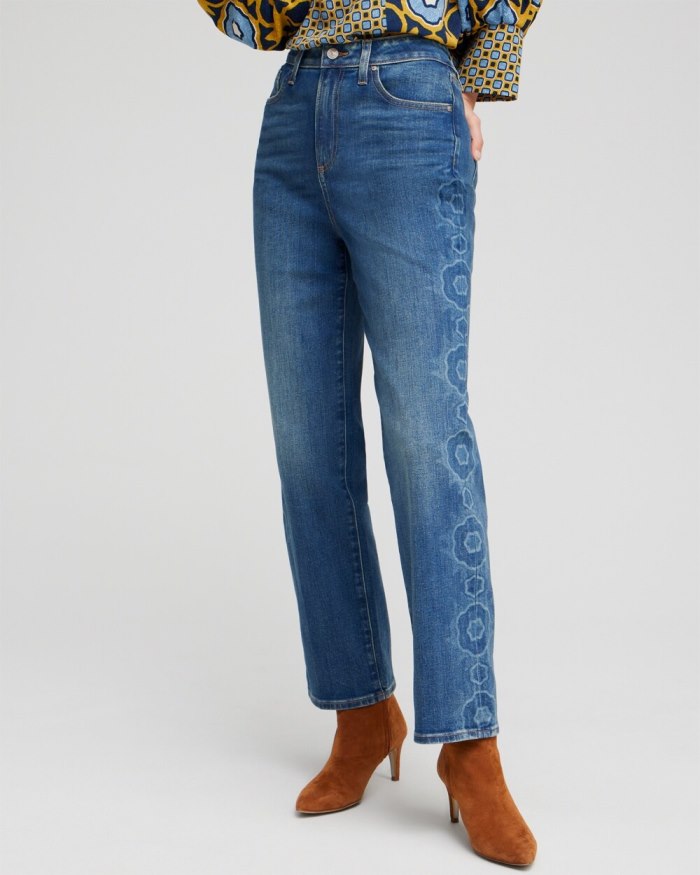 Women's High Rise Laser Print Straight Jeans - Azula Indigo