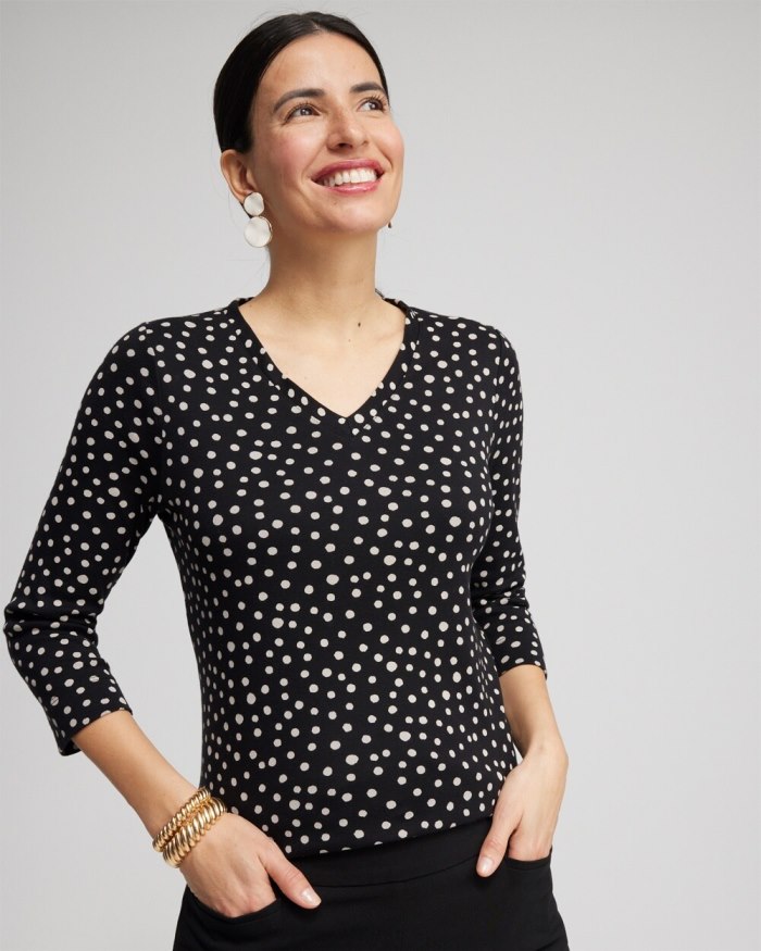 Women's Polka Dot Everyday 3/4 Sleeve Tee - Black - Click Image to Close