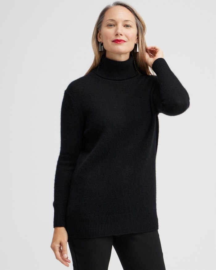 Women's Cashmere Turtleneck Tunic Sweater - Black - Click Image to Close