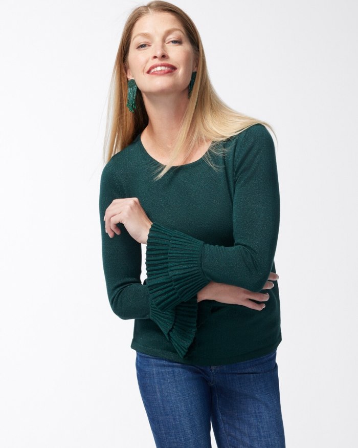 Women's Lurex Pleat Sleeve Pullover Sweater - Enchanted Forest - Click Image to Close