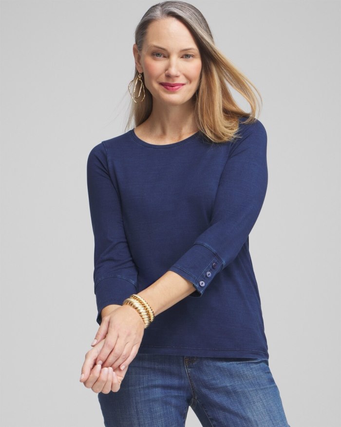 Women's Faux Denim 3/4 Sleeve Button Tee - Riviera Authentic