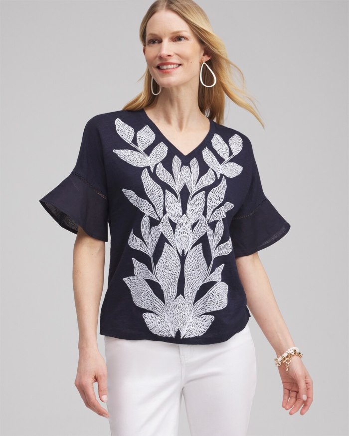 Women's Leaf Linen Blend Flutter Sleeve Top - Classic Navy - Click Image to Close