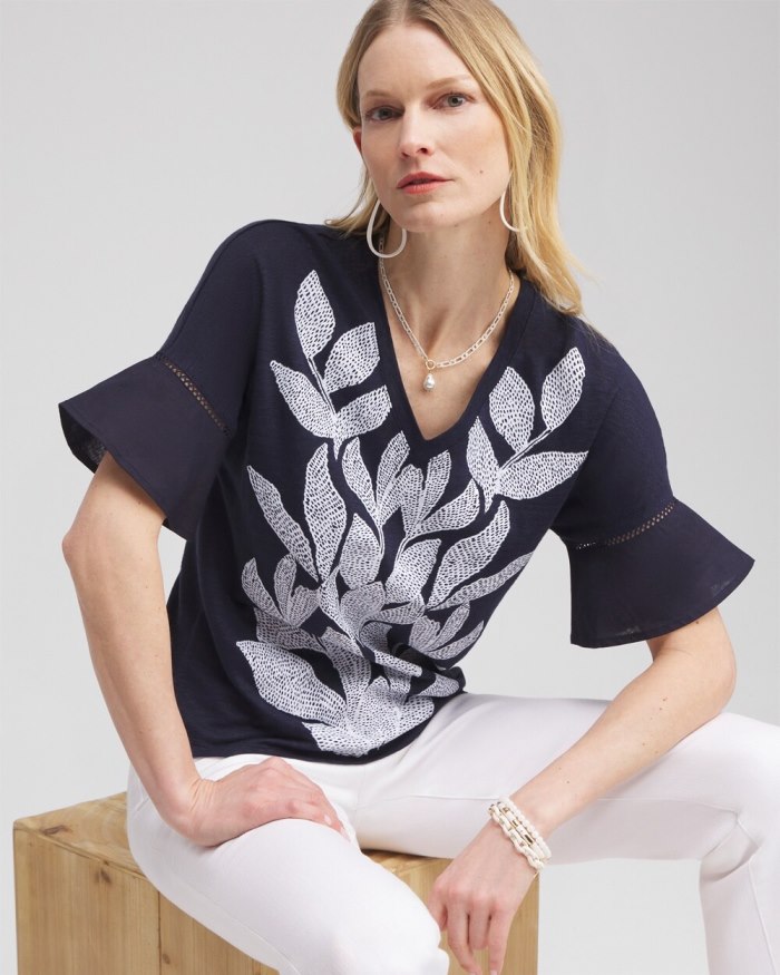 Women's Leaf Linen Blend Flutter Sleeve Top - Classic Navy