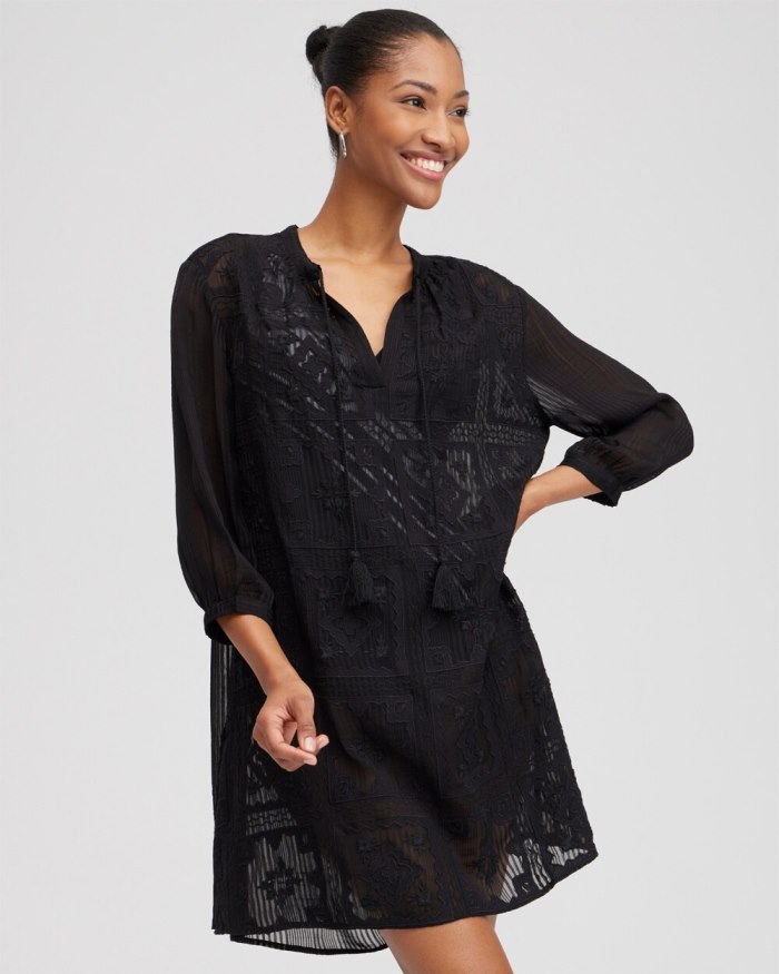 Women's Embroidered Swim Dress Coverup - Black