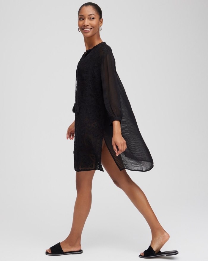 Women's Embroidered Swim Dress Coverup - Black