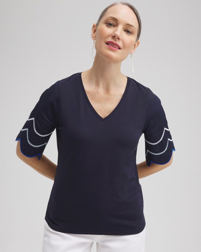 Women's Embroidered Scallop Sleeve Top - Classic Navy