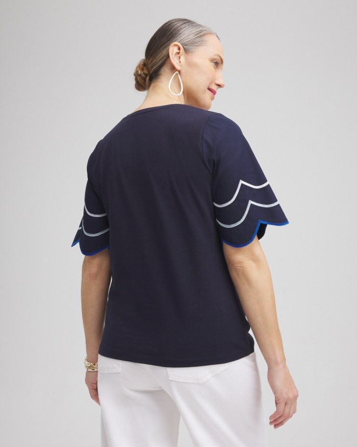 Women's Embroidered Scallop Sleeve Top - Classic Navy