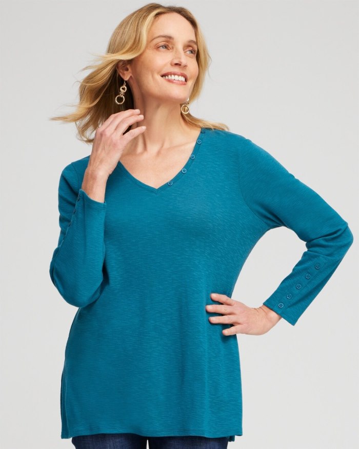 Women's Button Detail V-neck Tunic - Moonlit Teal