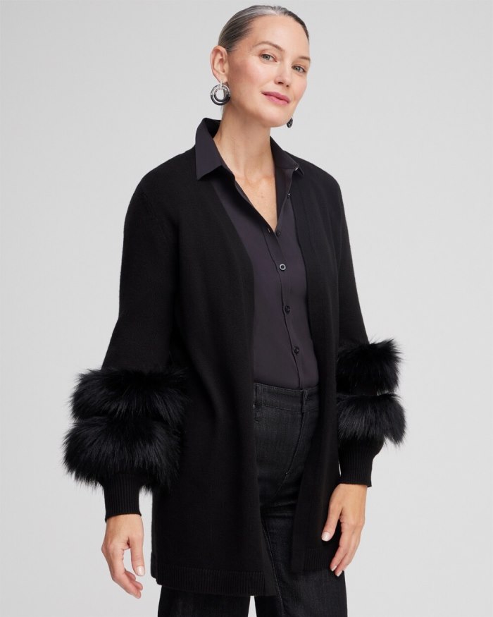 Women's Faux Fur Trim Cardigan - Black - Click Image to Close