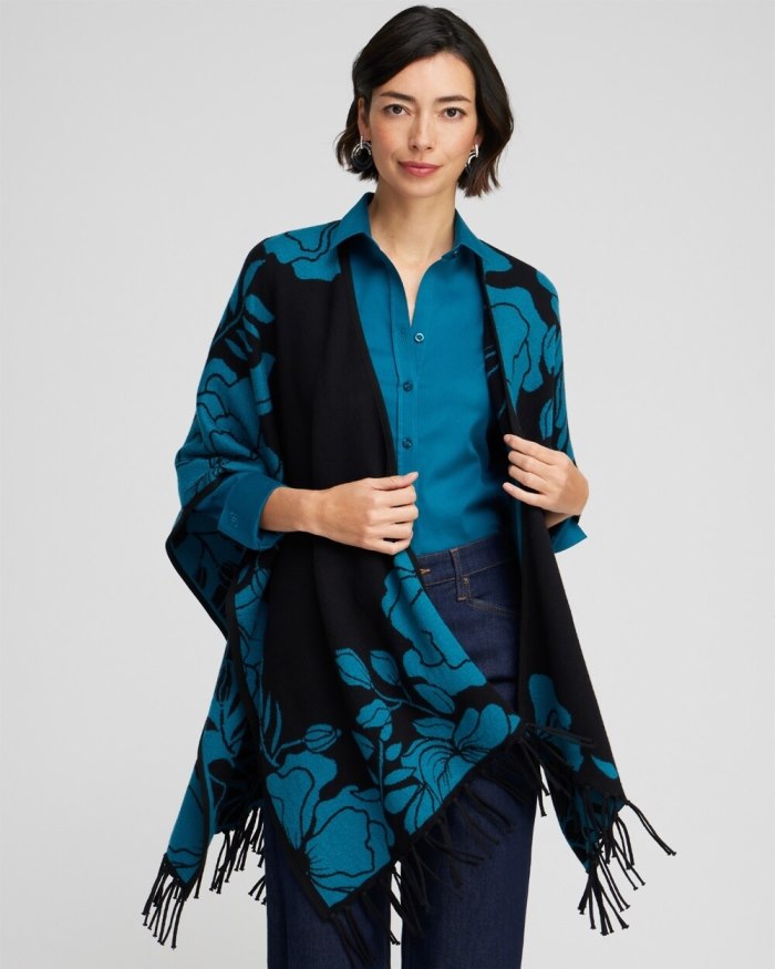 Women's Cashmere Blend Fringe Ruana - Moonlit Teal