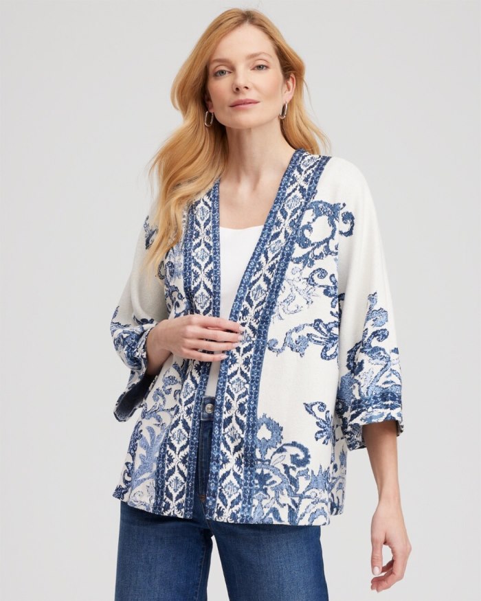 Women's Jacquard Knit Short Kimono - Azores Blue - Click Image to Close