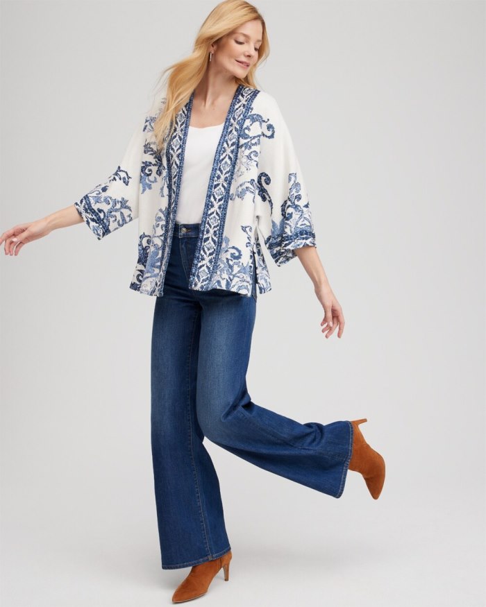 Women's Jacquard Knit Short Kimono - Azores Blue