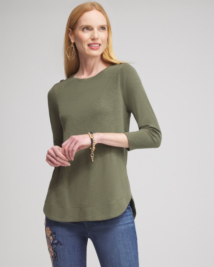 Women's Button Trim Ribbed Tunic - Olive - Click Image to Close