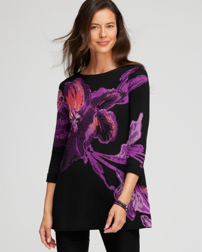 Women's Floral Roll Cuff Tunic Sweater - Black