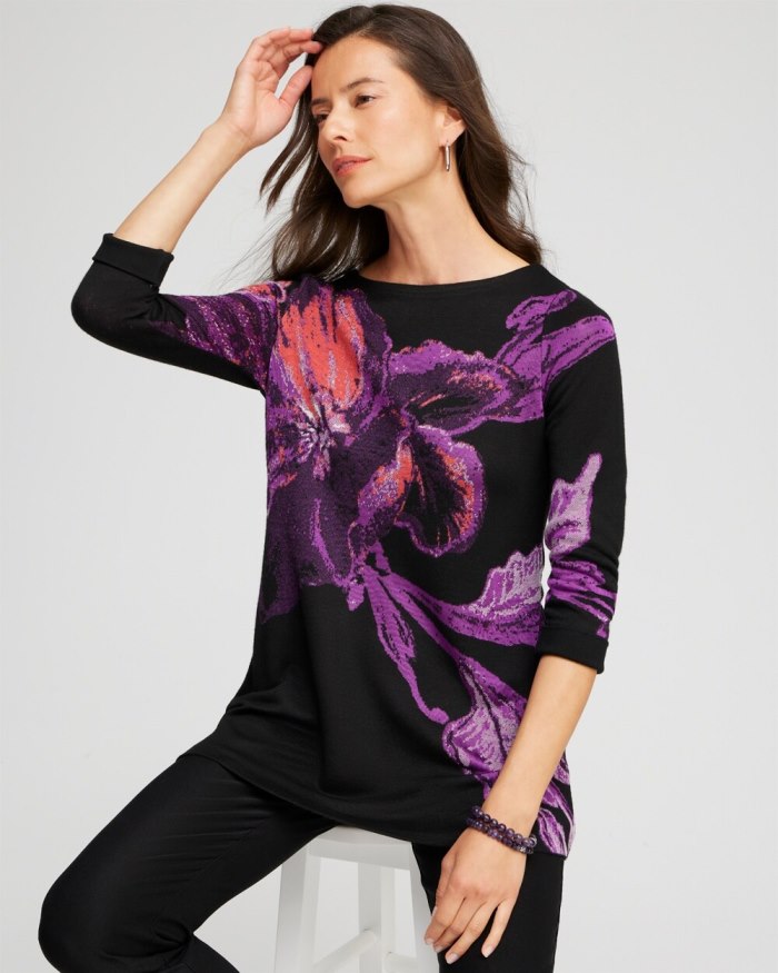 Women's Floral Roll Cuff Tunic Sweater - Black