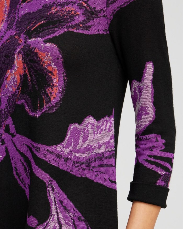 Women's Floral Roll Cuff Tunic Sweater - Black