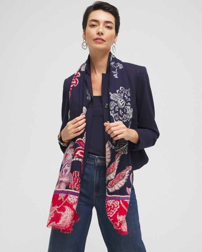 Women's Mixed Floral Print Oblong Scarf - Classic Navy