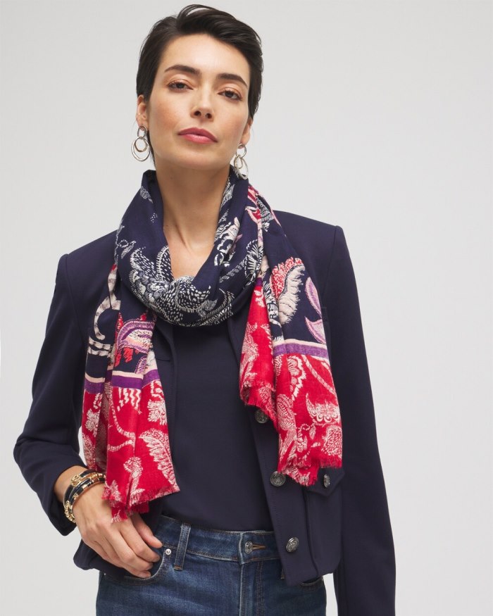 Women's Mixed Floral Print Oblong Scarf - Classic Navy