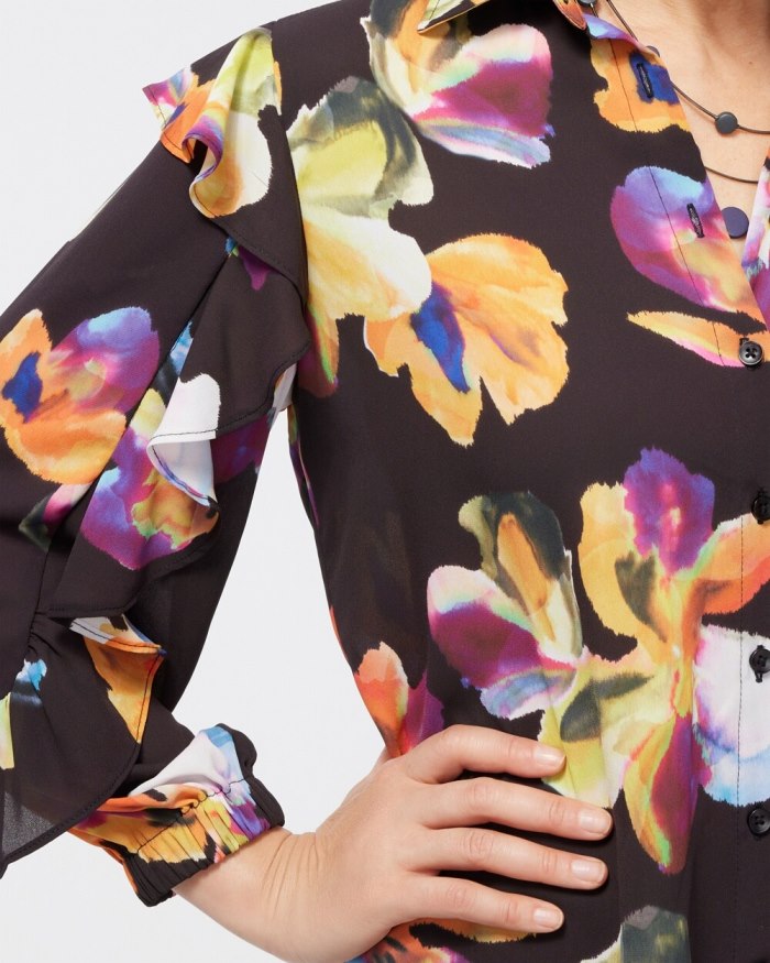 Women's Chiffon Botanical Shirt - Black