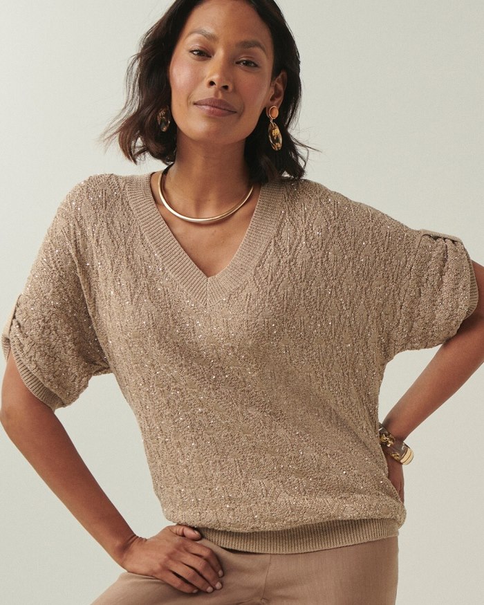 Women's Mini Sequin Stitch Pullover Sweater - Neutral