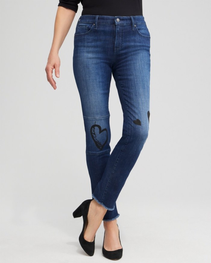 Women's Girlfriend Heart Print Ankle Jeans - Irvina Indigo - Click Image to Close