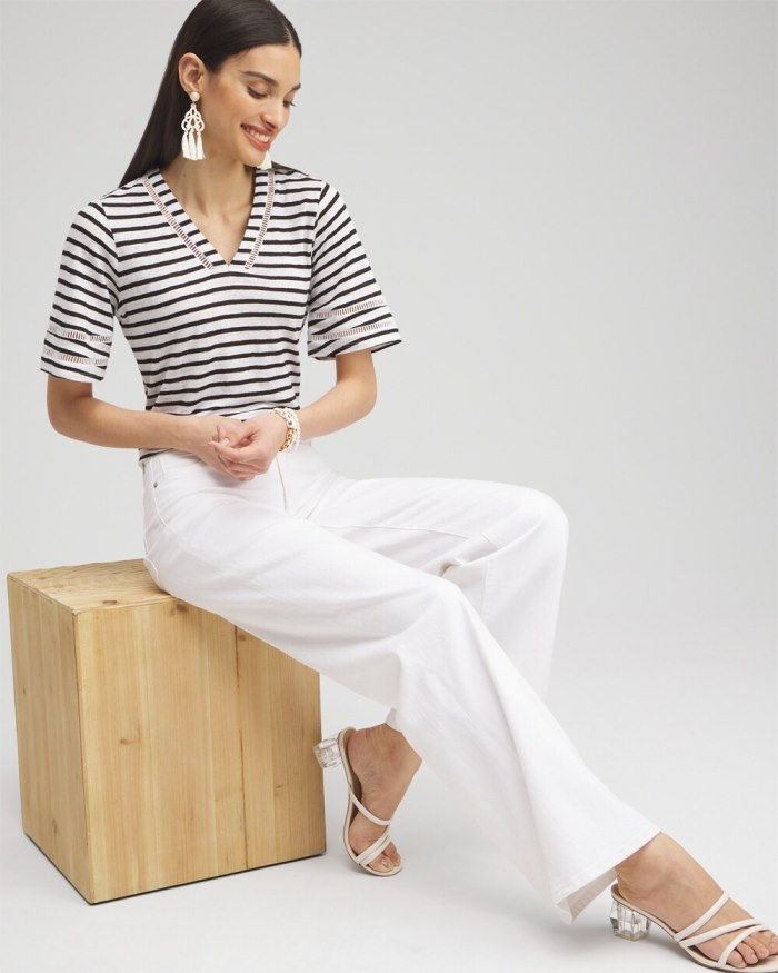 Women's Linen Stripe Ladder Lace Tee - Alabaster