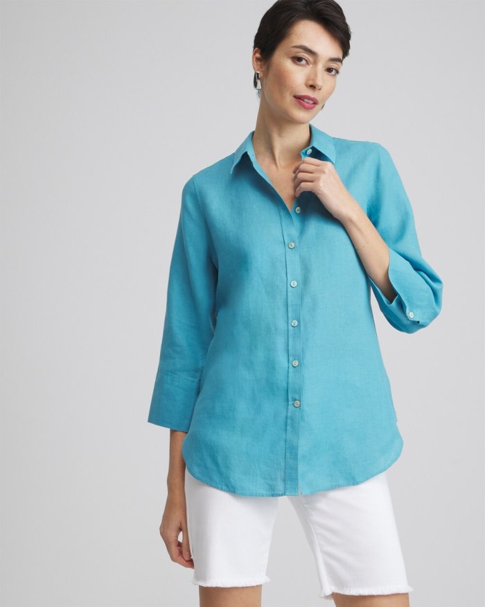 Women's No Iron Linen 3/4 Sleeve Shirt - Cool Water - Click Image to Close