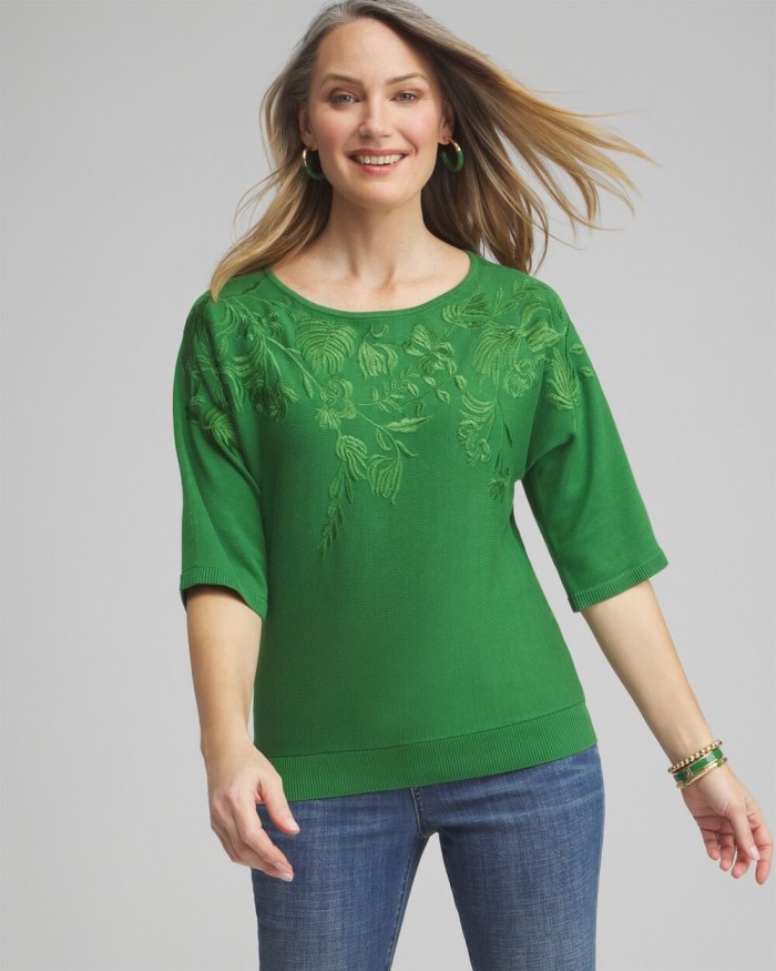 Women's Embellished Dolman Pullover Sweater - Verdant Green - Click Image to Close