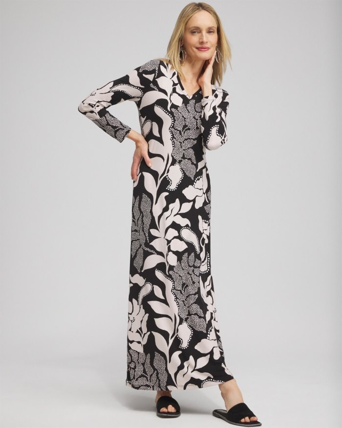 Women's V-neck Vine Print Maxi Dress - Black