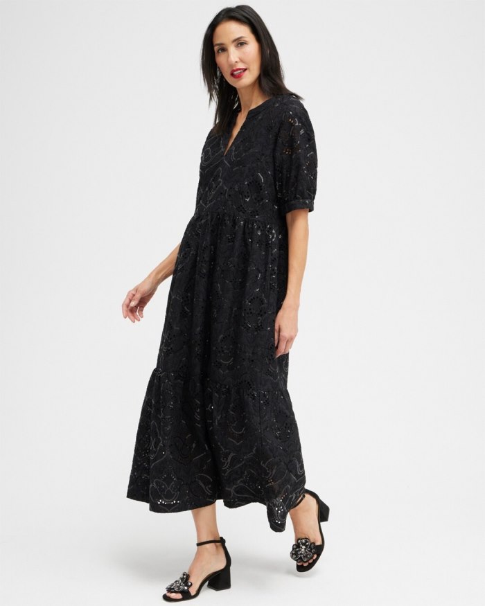 Women's Sequin Eyelets Tiered Dress - Black