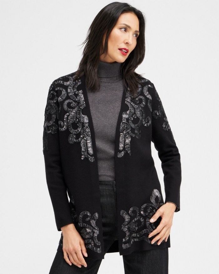 Women's Foil Soutache Cardigan Sweater - Black - Click Image to Close