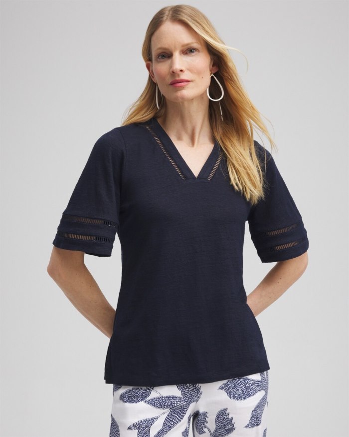 Women's Linen Ladder Lace Tee - Classic Navy - Click Image to Close