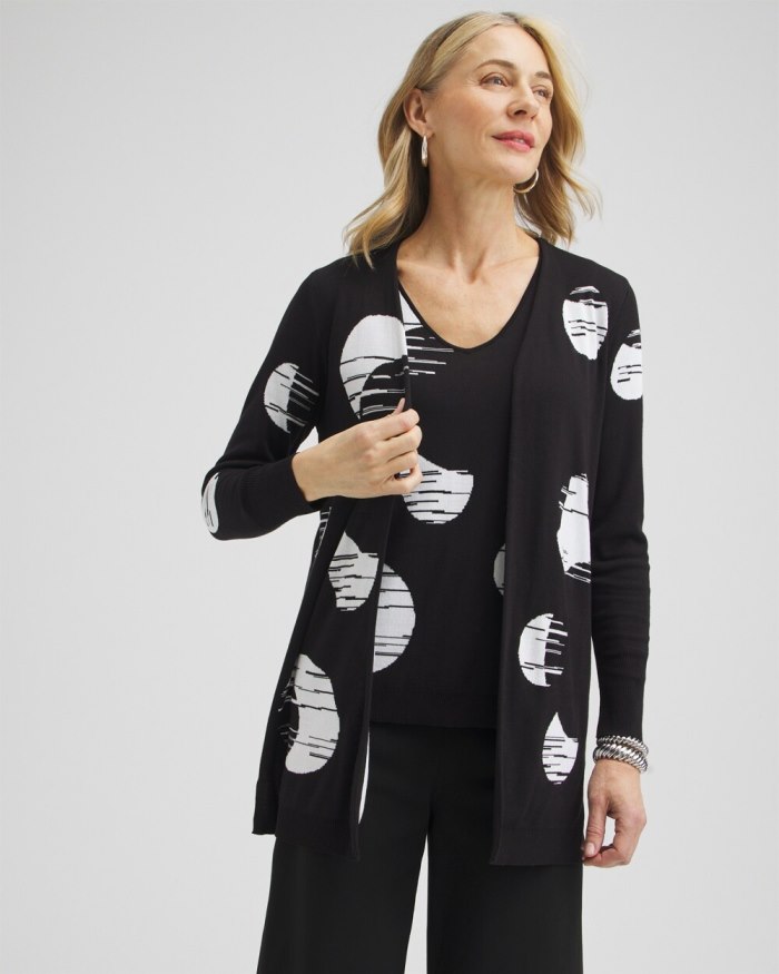 Women's Spun Rayon Dots Double Knit Cardigan - Black - Click Image to Close