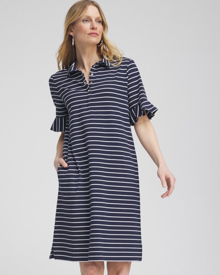 Women's Zenergy UPF Neema Stripe Ruffle Dress - Classic Navy - Click Image to Close