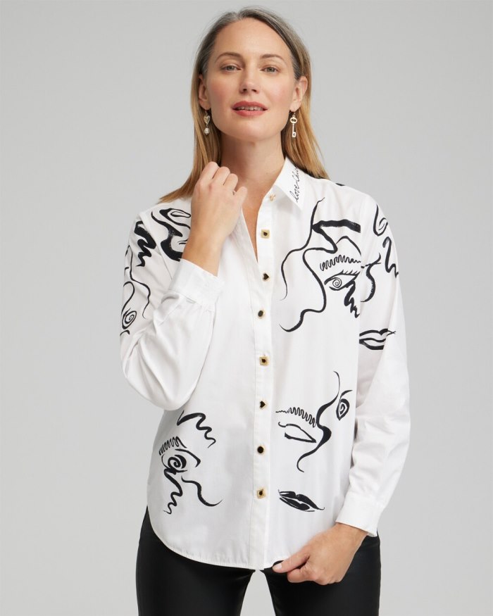 Women's Modern Art Print Shirt - Alabaster - Click Image to Close