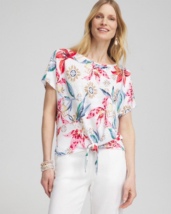 Women's Linen Floral Tie Front Tee - DELIGHTFUL PINK - Click Image to Close