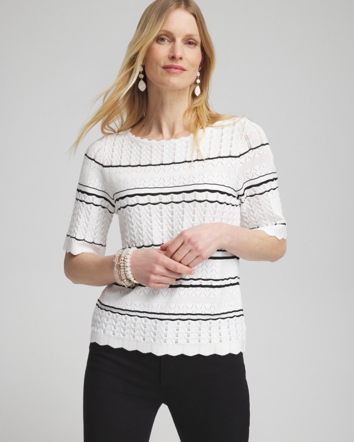 Women's Textured Pointelle Stripe Pullover - Alabaster - Click Image to Close