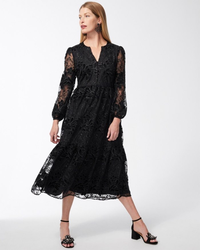 Women's Burnout Floral Lace Midi Dress - Black - Click Image to Close