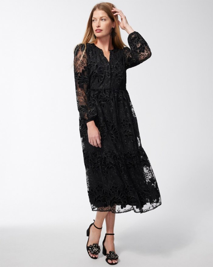 Women's Burnout Floral Lace Midi Dress - Black