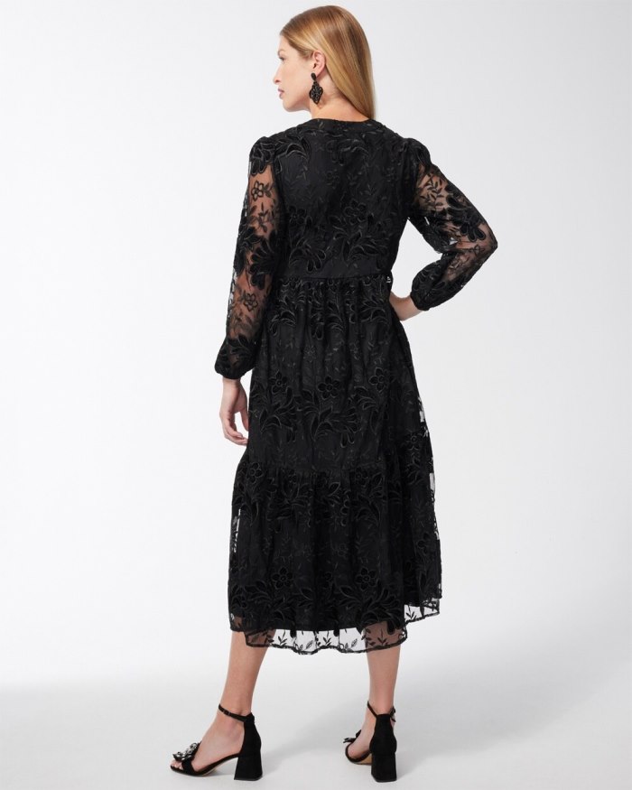 Women's Burnout Floral Lace Midi Dress - Black