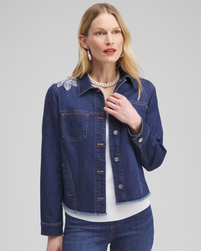 Women's Fray Hem Embroidered Denim Jacket - Morwenna Indigo