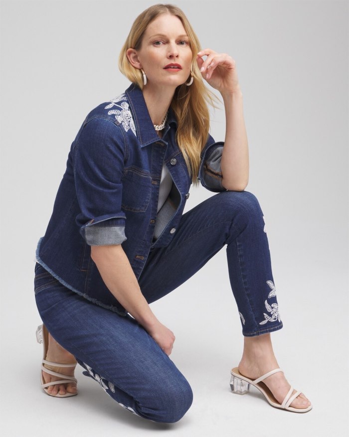 Women's Fray Hem Embroidered Denim Jacket - Morwenna Indigo