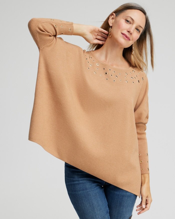 Women's Grommet Detail Sweater Poncho - Camel